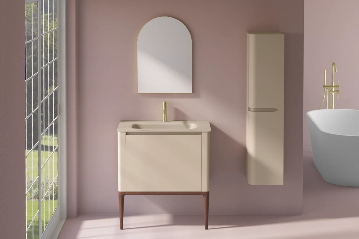 Meuble à poser beige, 80 cm, avec plan vasque encastré en verre, Panthéon