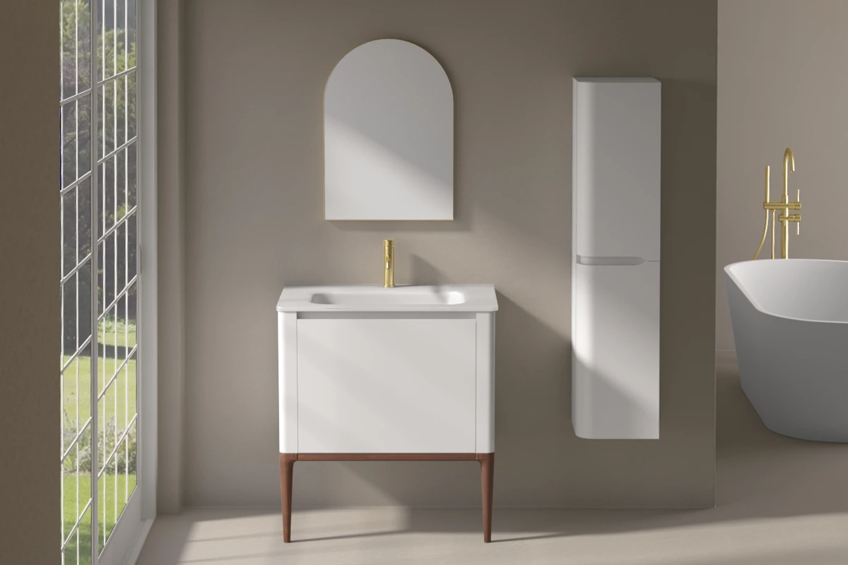 Meuble à poser blanc mat, 80 cm, avec plan vasque encastré en verre, Panthéon