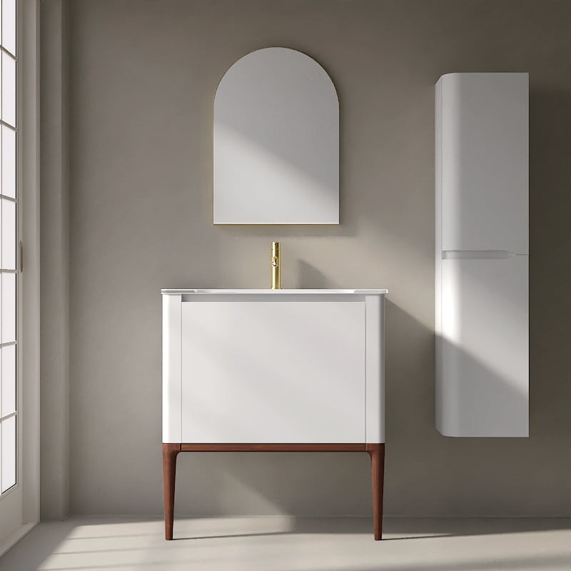 Meuble à poser blanc mat, 80 cm, avec plan vasque encastré en verre, Panthéon