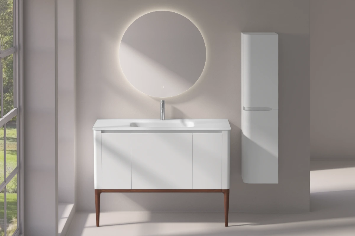 Meuble à poser blanc mat, 120 cm, avec plan vasque encastré en verre, Panthéon