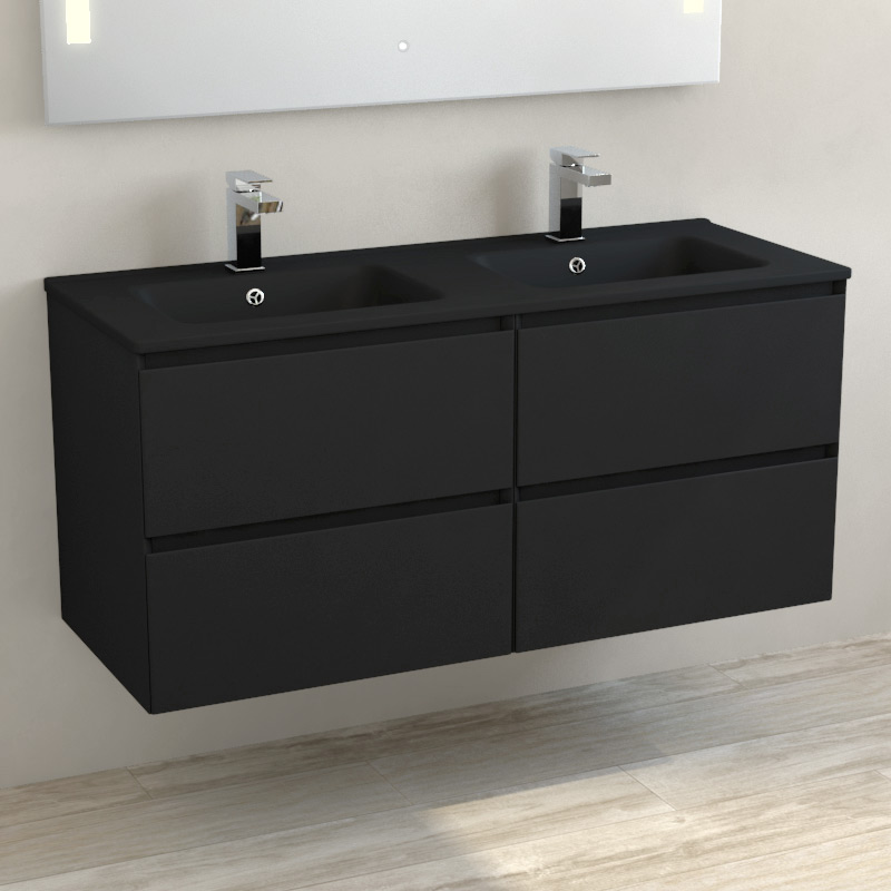 Meuble suspendu double vasque céramique noir mat 120 cm, noir mat, One