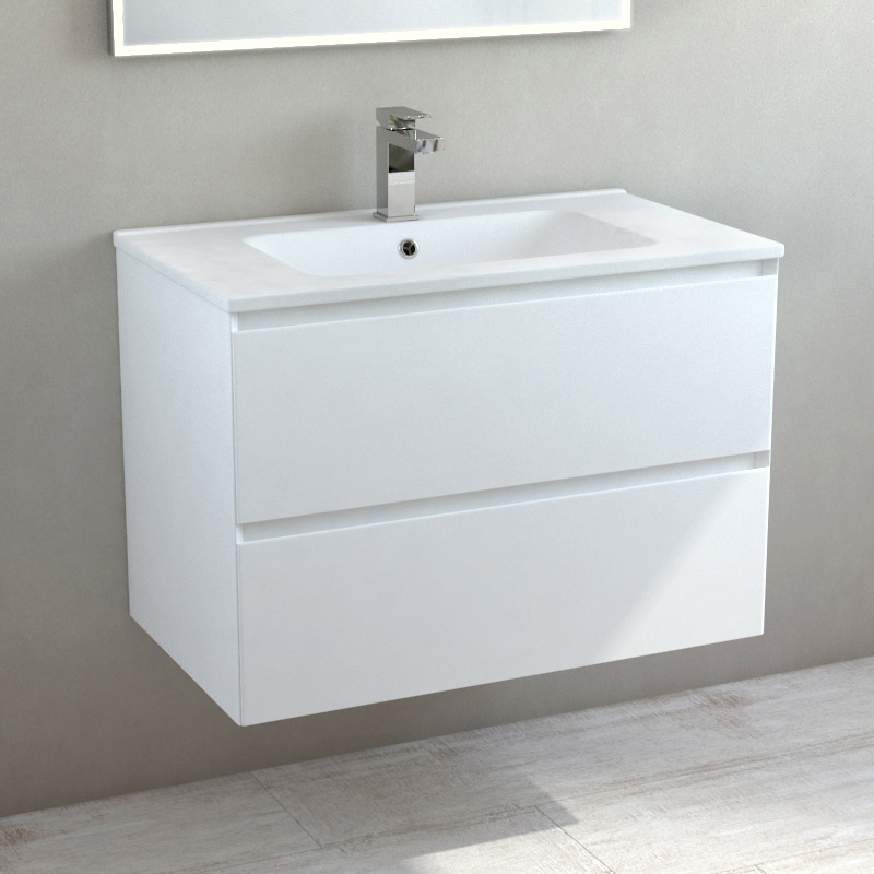 Meuble suspendu 80cm blanc mat et plan vasque céramique mat, One