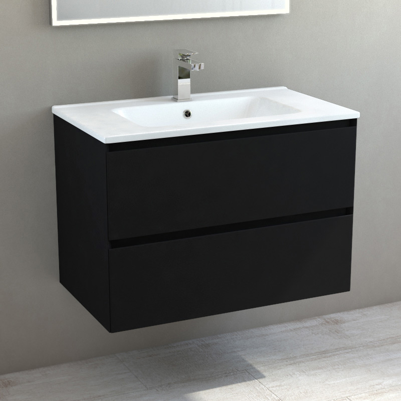 Meuble suspendu 80cm noir mat et plan vasque céramique blanc, One