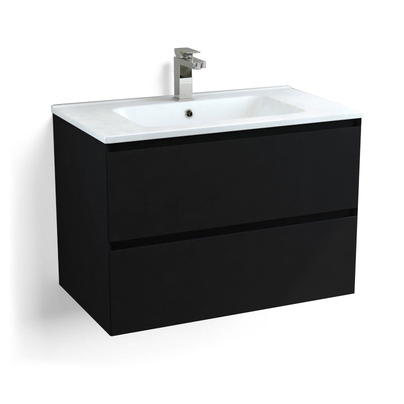 Meuble suspendu 80cm noir mat et plan vasque céramique blanc, One