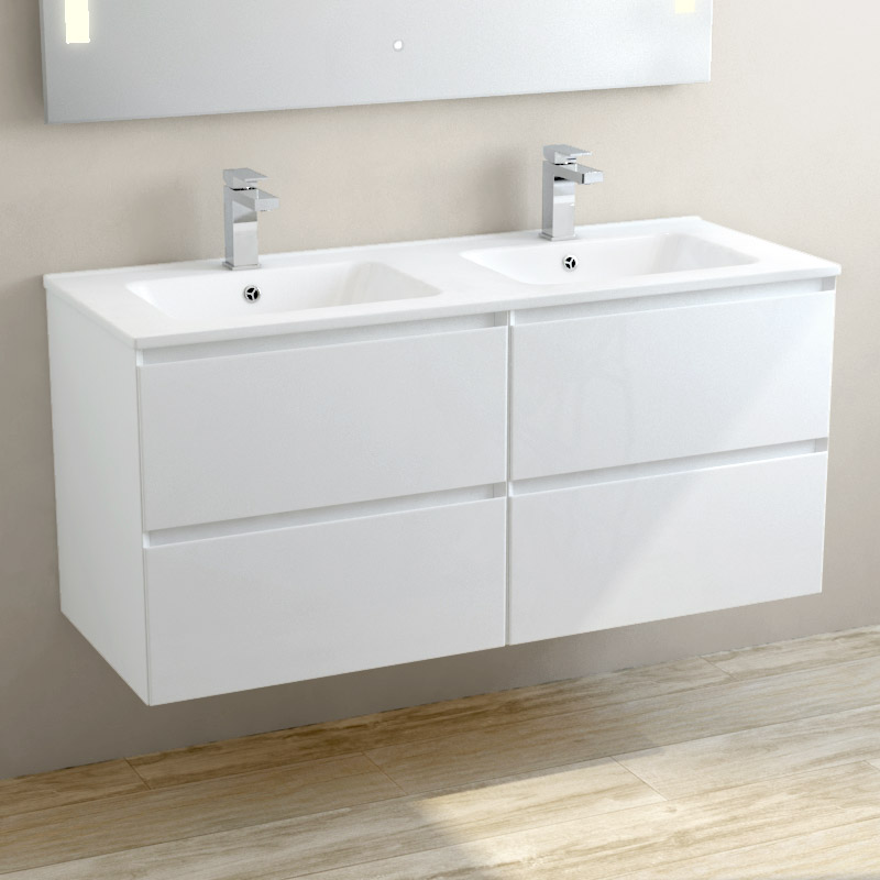 Meuble suspendu double vasque céramique 120 cm, blanc brillant, One