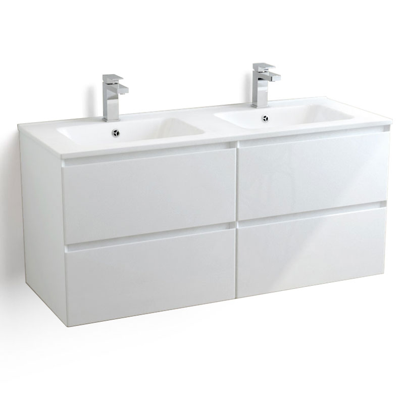 Meuble suspendu double vasque céramique 120 cm, blanc brillant, One