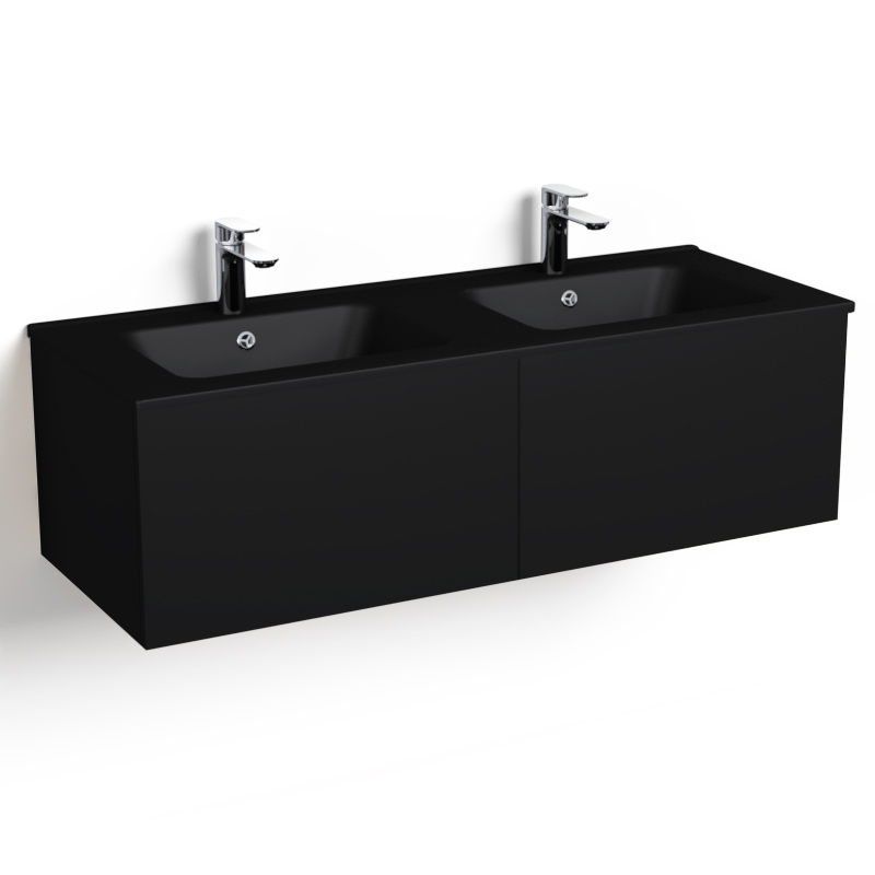Meuble salle de bains 120 cm, Noir mat, avec tiroirs et double vasques céramique Noir Mat, Caruso