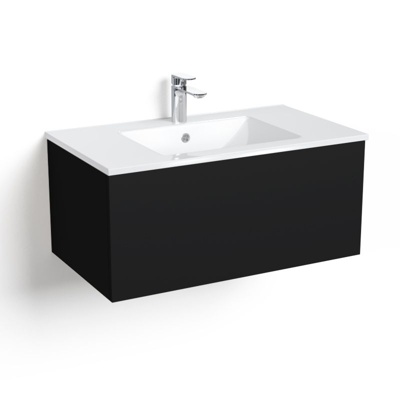 Meuble salle de bain suspendu 60 ou 80 cm, Noir mat, avec tiroir et vasque céramique, Caruso