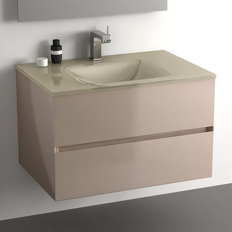 Meuble salle de bain Taupe 75 cm, 2 tiroirs, plan verre, Glass