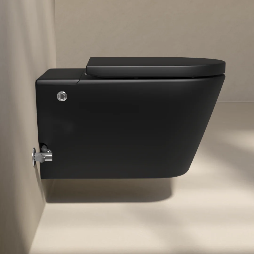WC suspendu ne nécessitant pas de réservoir + abattant + bâti-support, noir mat, W1.0
