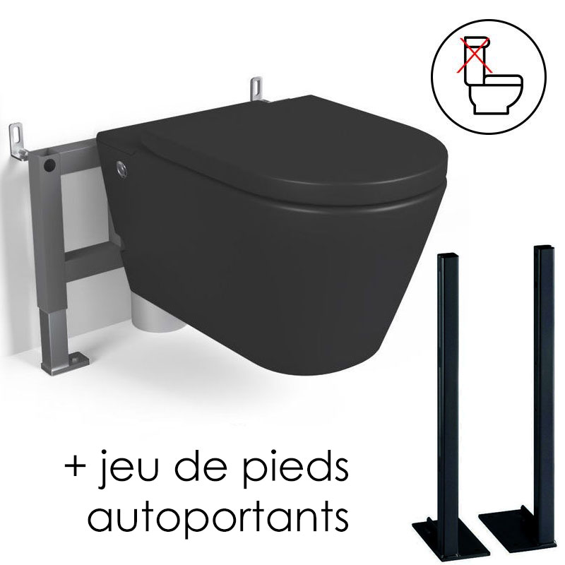 WC suspendu ne nécessitant pas de réservoir + abattant + bâti-support, noir mat, W1.0