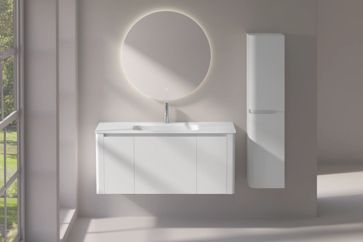 Meuble suspendu blanc mat, 120 cm, avec plan vasque encastré en verre, Panthéon