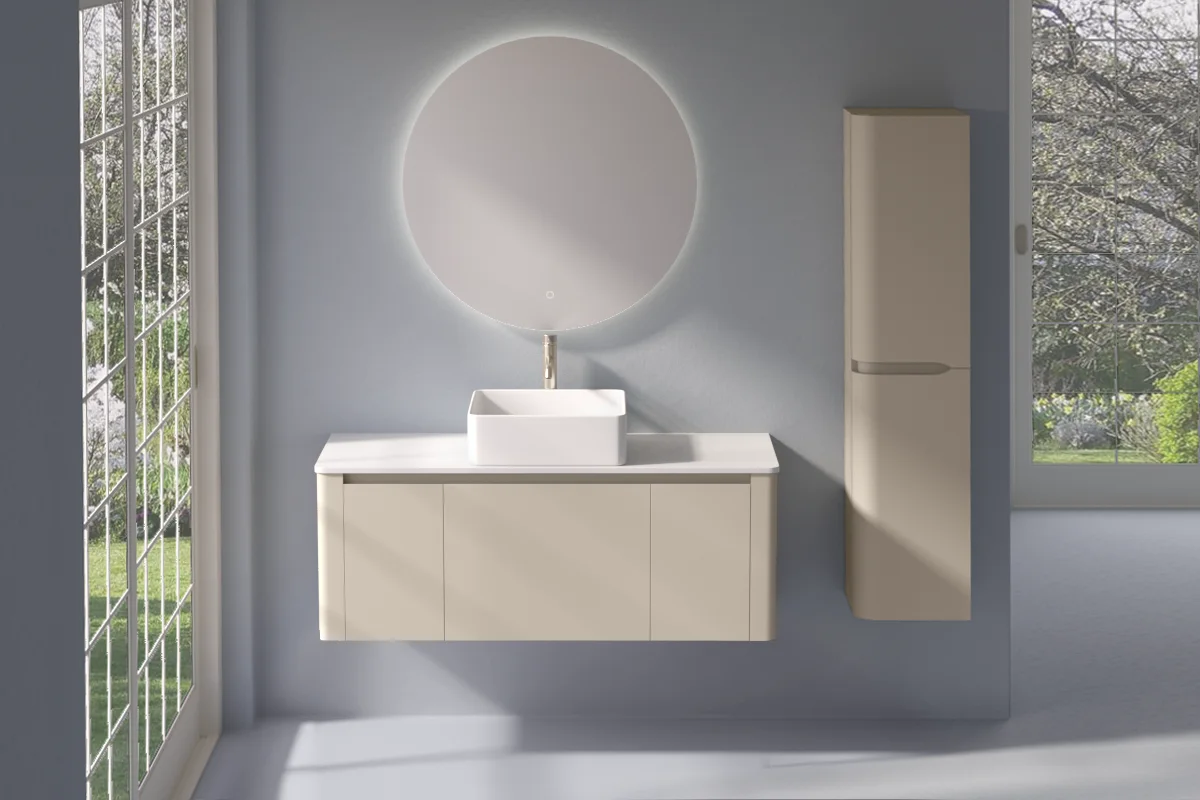 Meuble suspendu beige, 120 cm, avec plan en résine minérale, Panthéon