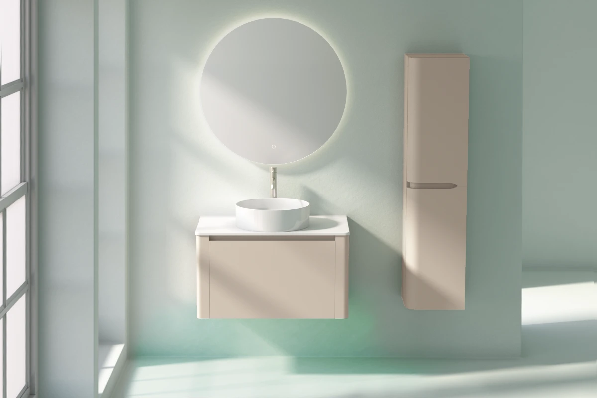Meuble suspendu beige, 80 cm, avec plan en résine minérale, Panthéon