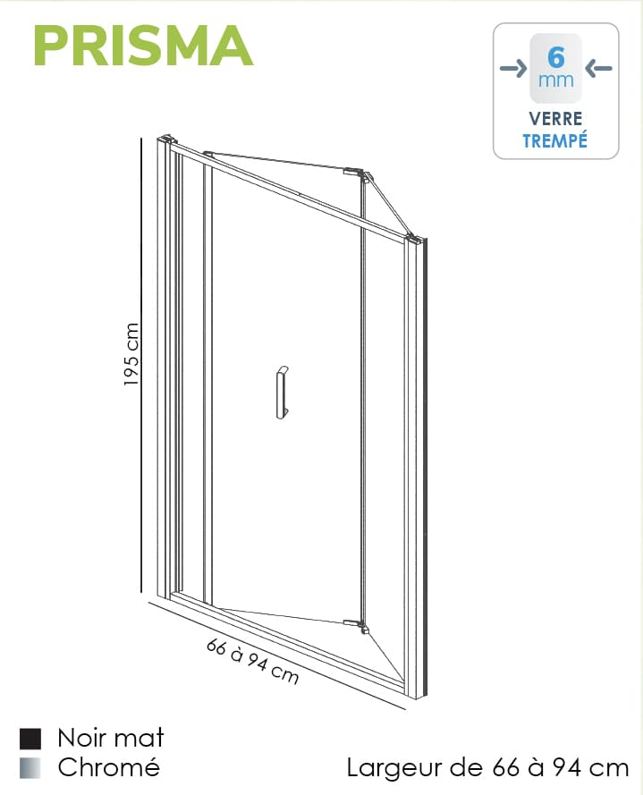 Porte de douche pliable sur mesure, chromé, de 66 à 94 cm  Prisma