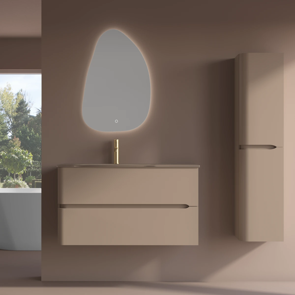 Meuble suspendu beige, 100 cm, avec plan vasque encastré en verre, Sorbonne