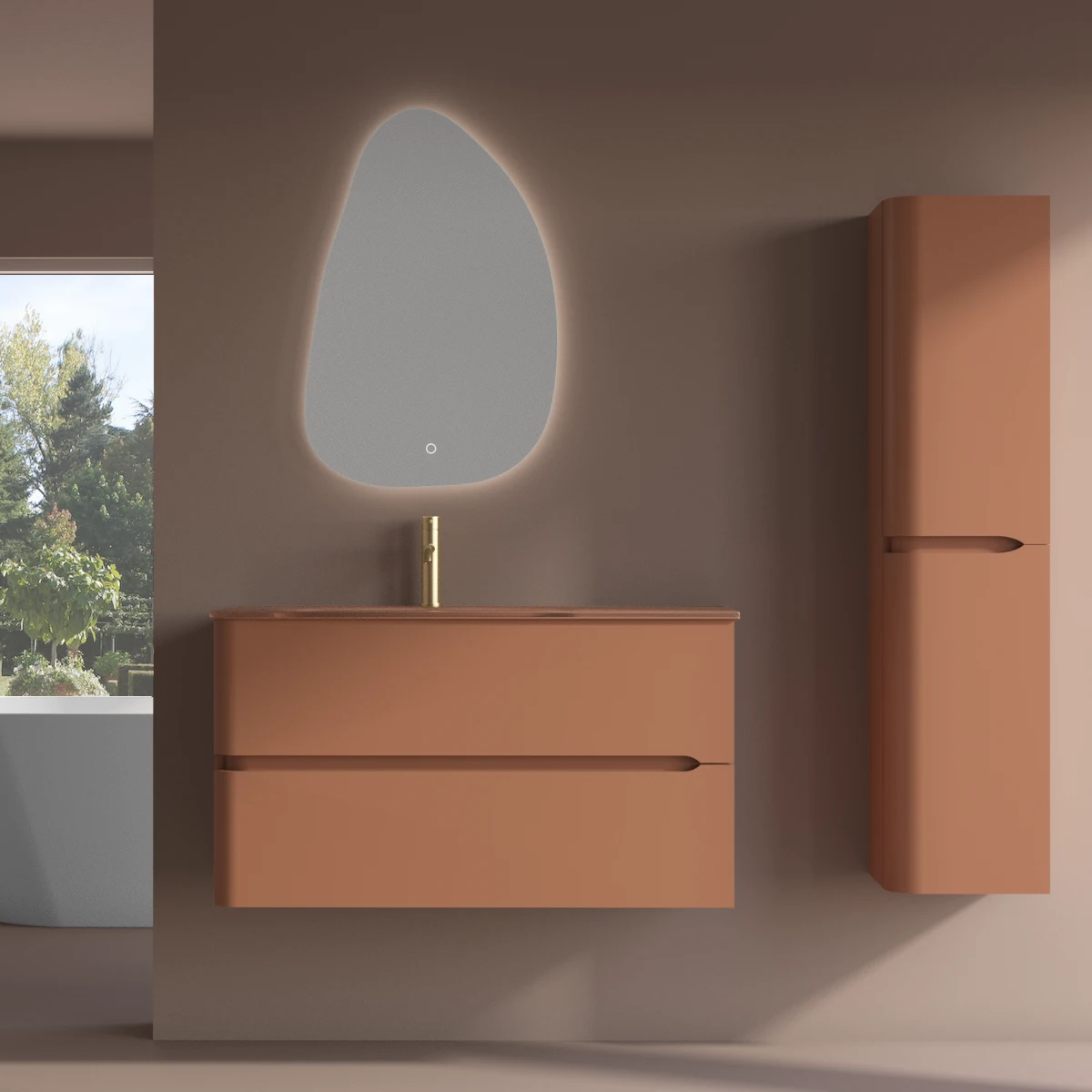 Meuble suspendu Terracotta Mat, 100 cm, avec plan vasque encastré en verre, Sorbonne