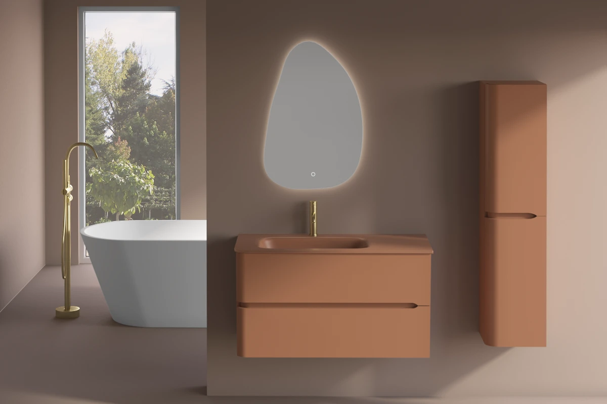 Meuble suspendu Terracotta Mat, 100 cm, avec plan vasque encastré en verre, Sorbonne