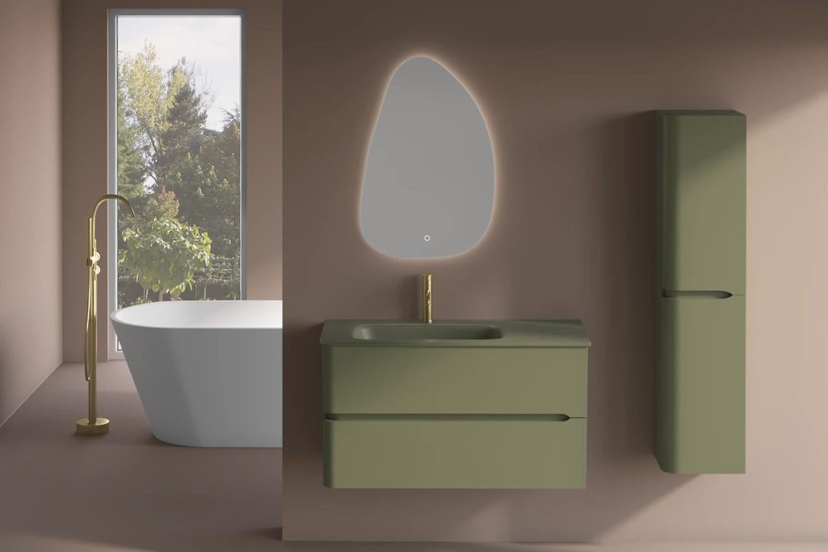 Meuble suspendu vert jonc, 100 cm, avec plan vasque encastré en verre, Sorbonne