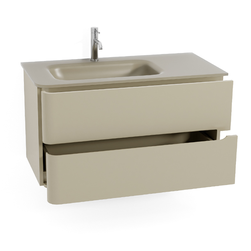 Meuble suspendu beige, 100 cm, avec plan vasque encastré en verre, Sorbonne