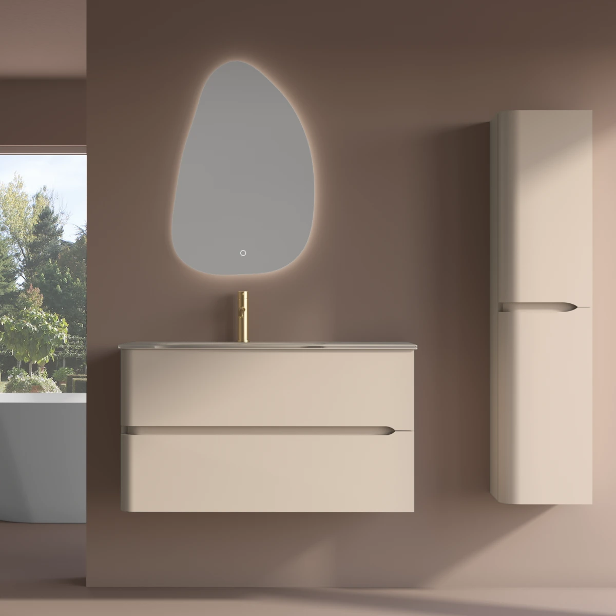 Meuble suspendu beige, 100 cm, avec plan vasque encastré en verre, Sorbonne