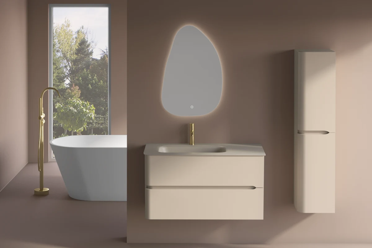 Meuble suspendu beige, 100 cm, avec plan vasque encastré en verre, Sorbonne