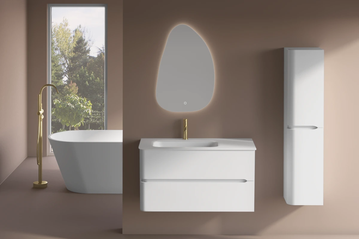 Meuble suspendu blanc mat, 100 cm, avec plan vasque encastré en verre, Sorbonne