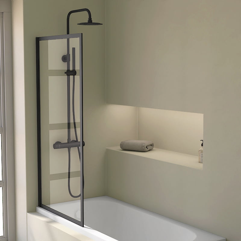 Pare-baignoire fixe 70x140 ou 80x140 cm, profilé noir, Indus