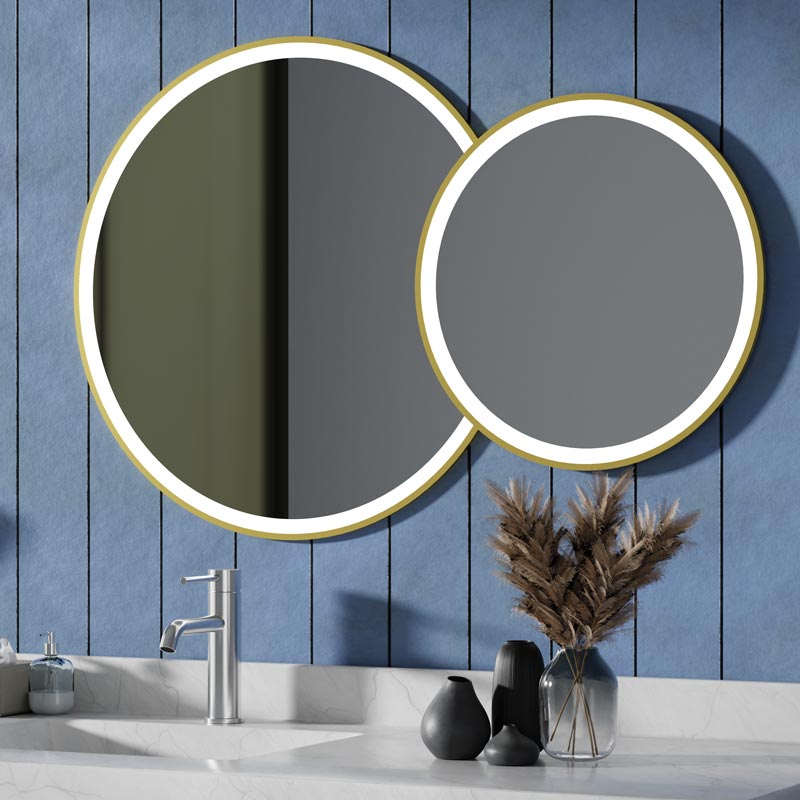 Miroir 105x70 cm lumineux LED, antibuée, double ronds, cadre doré brossé, Châtelet