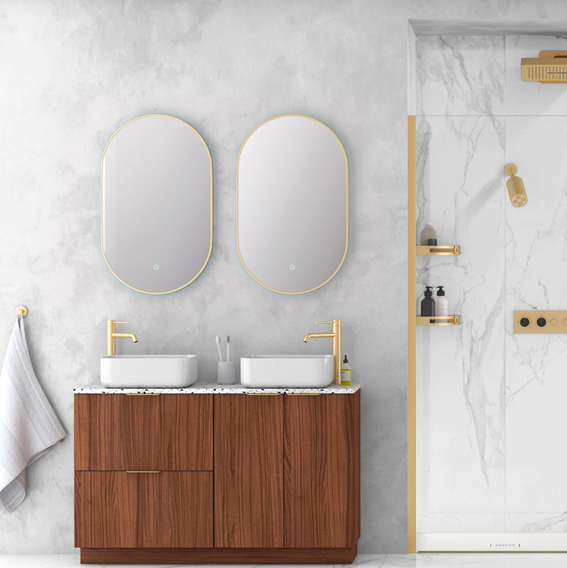 Miroir 50x80 cm lumineux avec cadre en métal finition laiton, Oblong