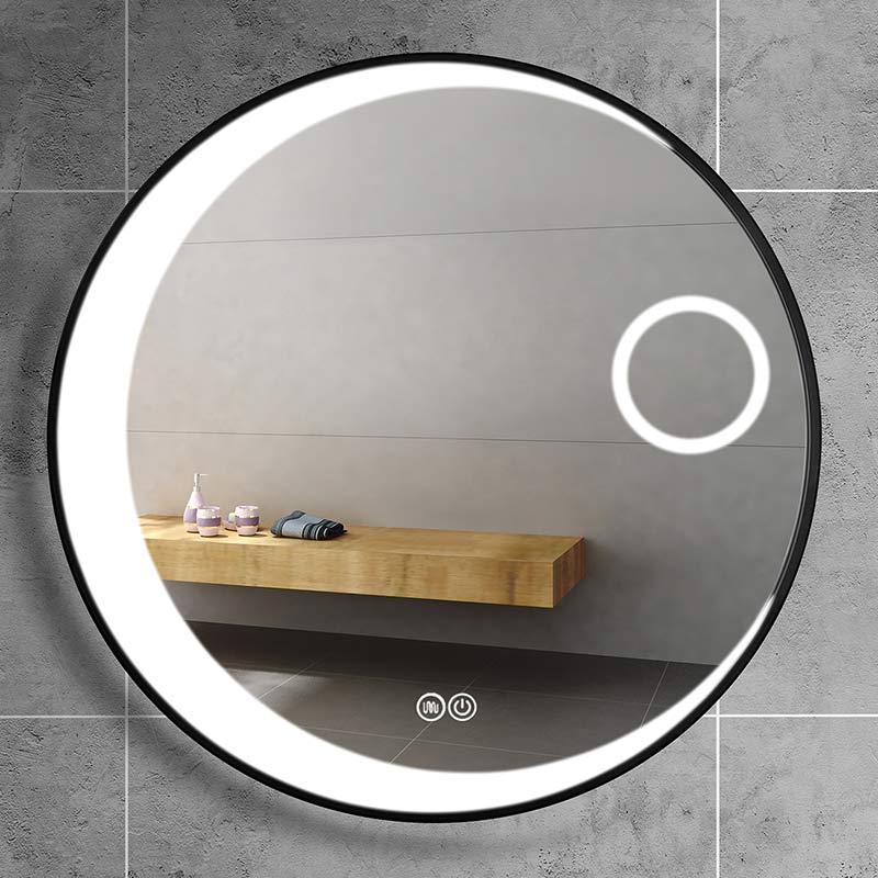 Miroir LED avec loupe Ø70 cm, bord noir, Loop