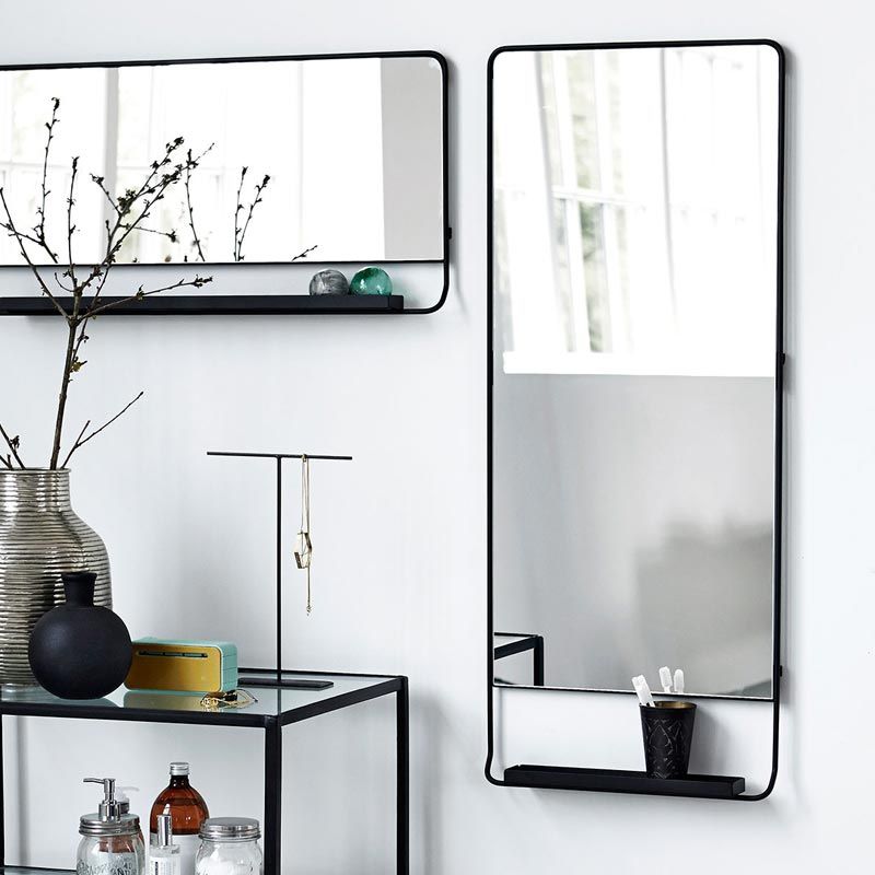 Miroir salle de bain l.45 x H.110 cm vertical, avec cadre métal et tablette noir, Chic