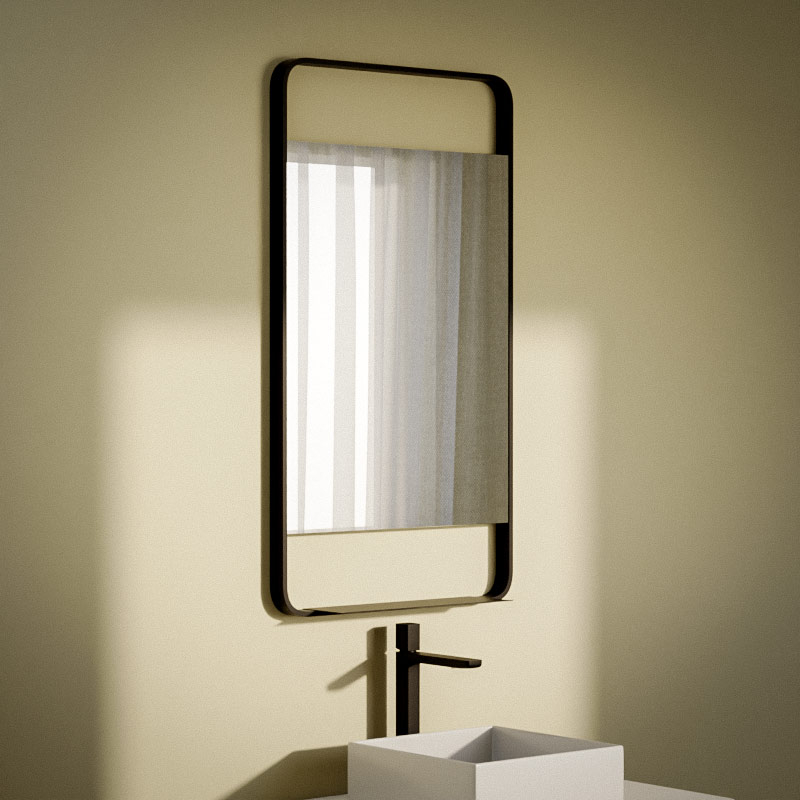 Miroir salle de bain l.55 x H.100 cm vertical, avec cadre métal et tablette noir, Cuadro 5