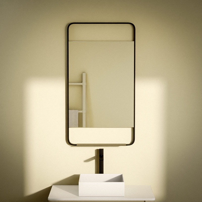 Miroir salle de bain l.55 x H.100 cm vertical, avec cadre métal et tablette noir, Cuadro 5