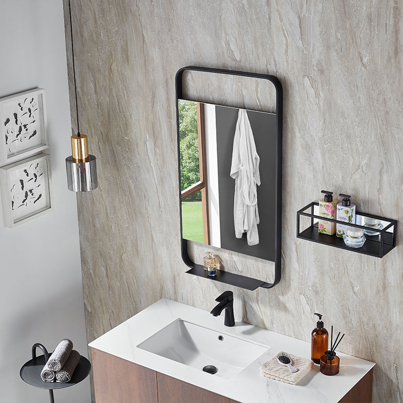 Miroir salle de bain l.55 x H.100 cm vertical, avec cadre métal et tablette noir, Cuadro 5