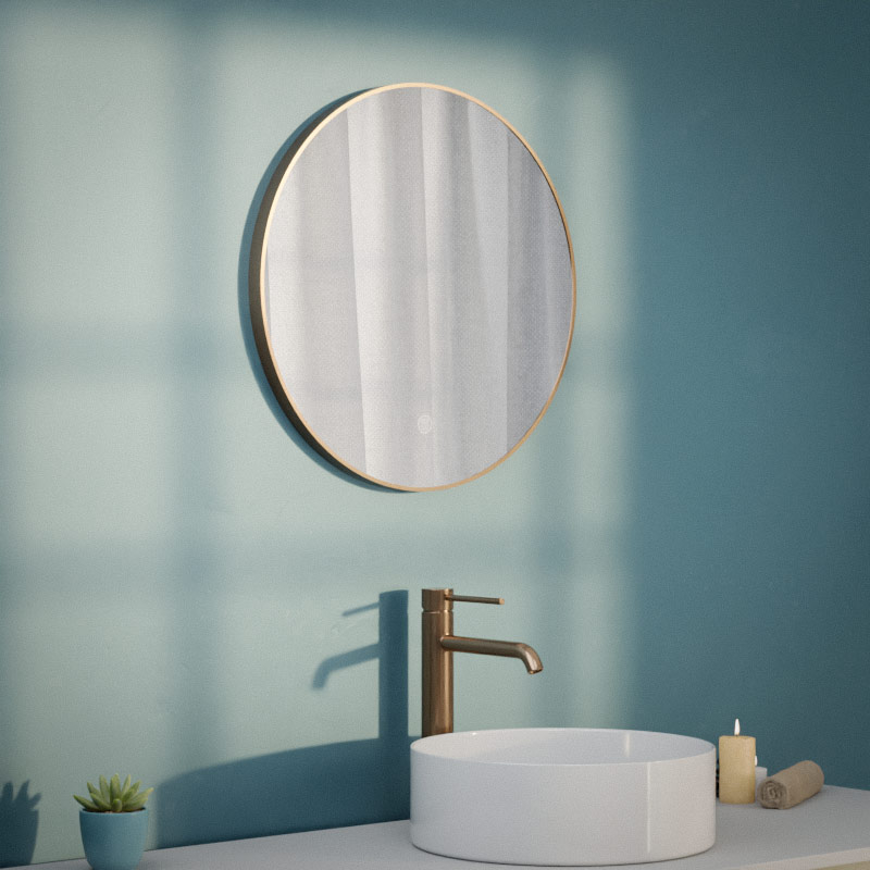 Miroir Ø50 cm rond, antibuée, cadre doré rose brossé, Châtelet