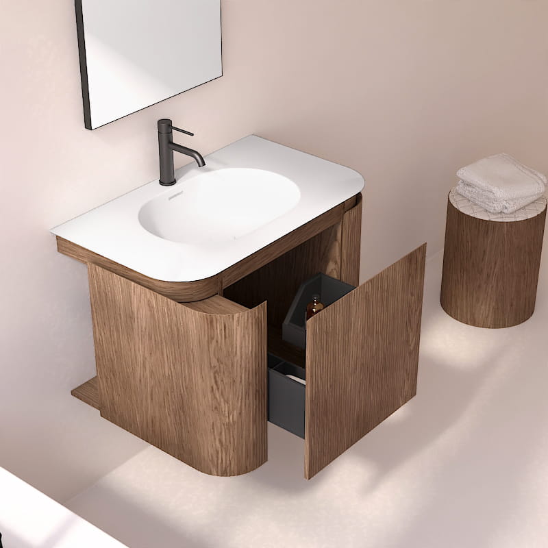 Meuble vasque suspendu cannelé 80 cm, noyer, Solid surface, Grace