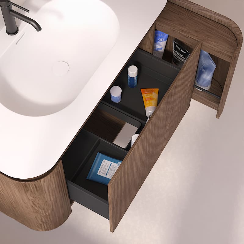 Meuble vasque suspendu cannelé 100 cm, noyer, Solid surface, Grace