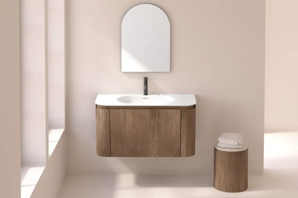 Meuble vasque suspendu cannelé 100 cm, noyer, Solid surface, Grace