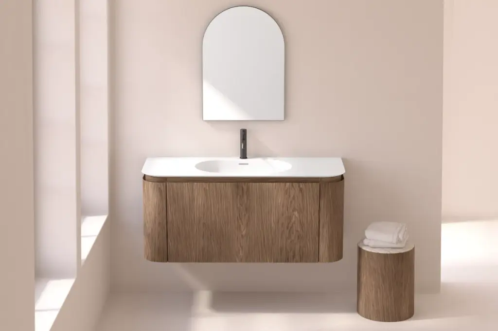 Meuble vasque suspendu cannelé 120 cm, noyer, Solid surface, Grace