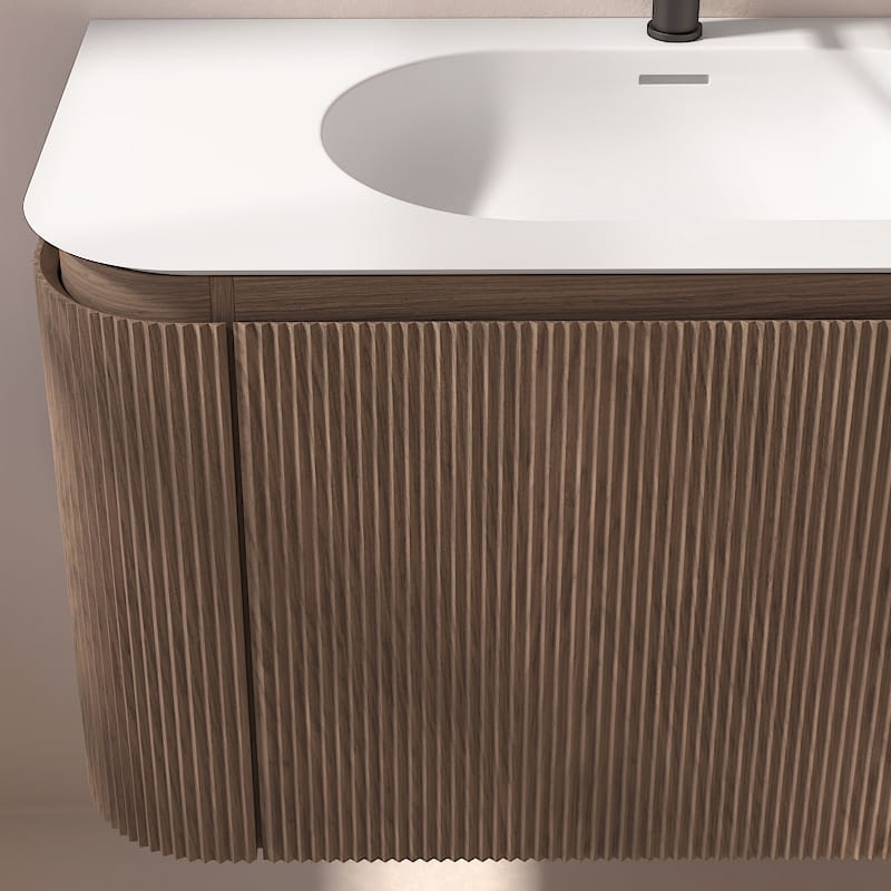 Meuble vasque suspendu cannelé 120cm, noyer avec plan vasque en résine minérale, Grace