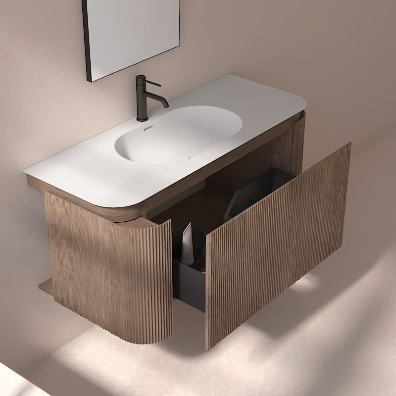 Meuble vasque suspendu cannelé 120 cm, noyer, Solid surface, Grace