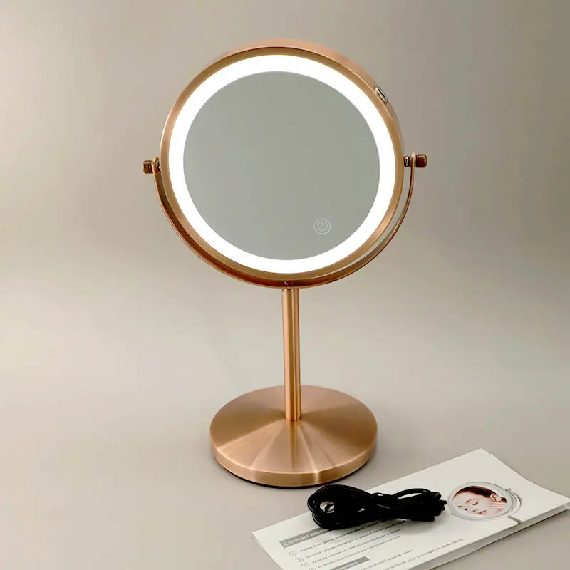 Miroir cosmétique grossissant  5X + Led, Doré Rose Brossé, Elvire