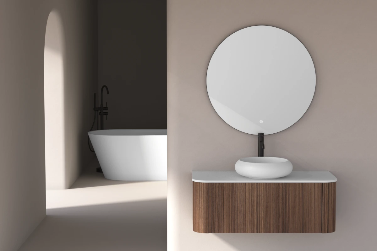 Meuble suspendu 100 cm, placage noyer naturel avec plan en résine minérale blanc mat, Anna