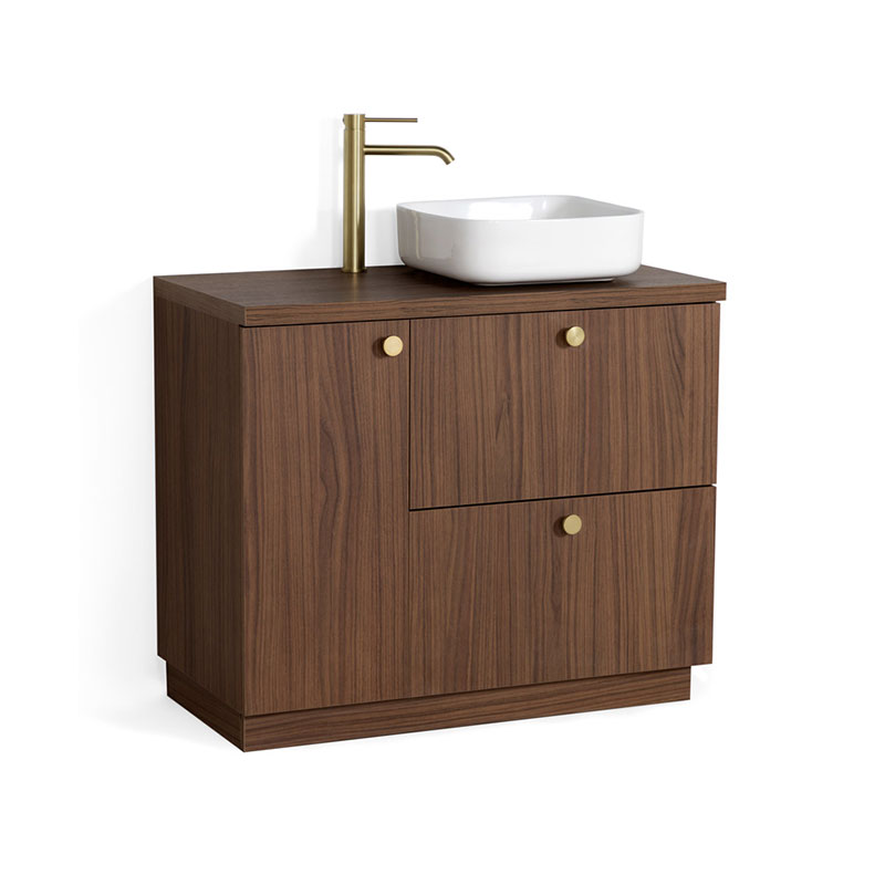 Meuble à poser 90 cm, bois noyer avec poignées doré brossé, Alma