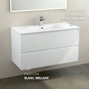 Meuble suspendu 100cm et plan vasque céramique, 2 tiroirs, blanc brillant, One