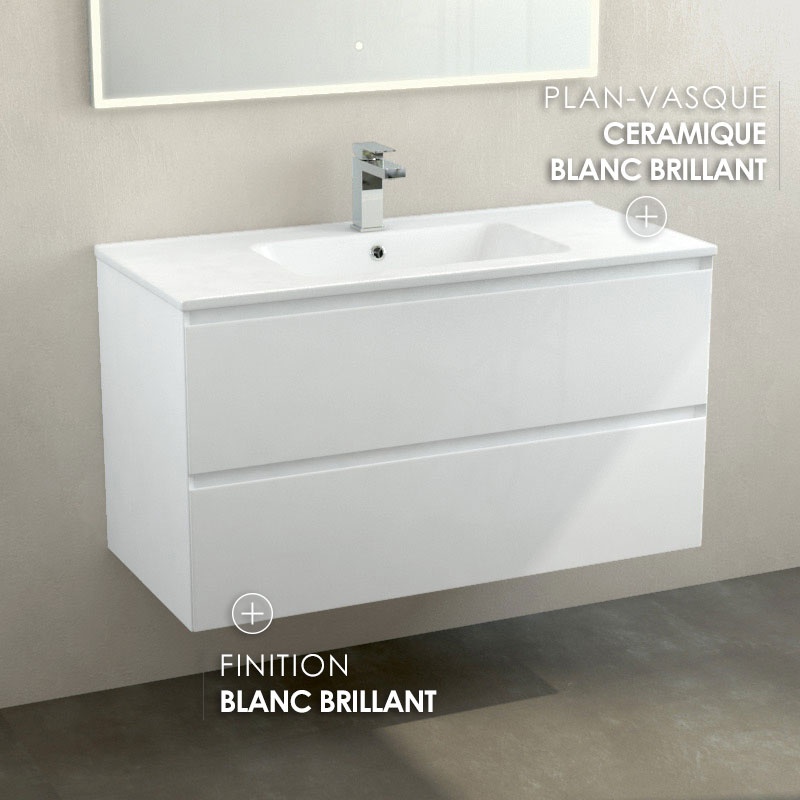 Meuble suspendu 100cm et plan vasque céramique, 2 tiroirs, blanc brillant, One