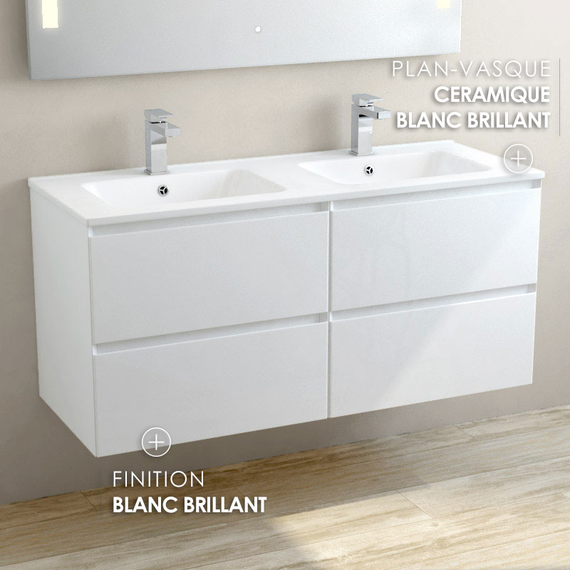 Meuble suspendu double vasque céramique 120 cm, blanc brillant, One