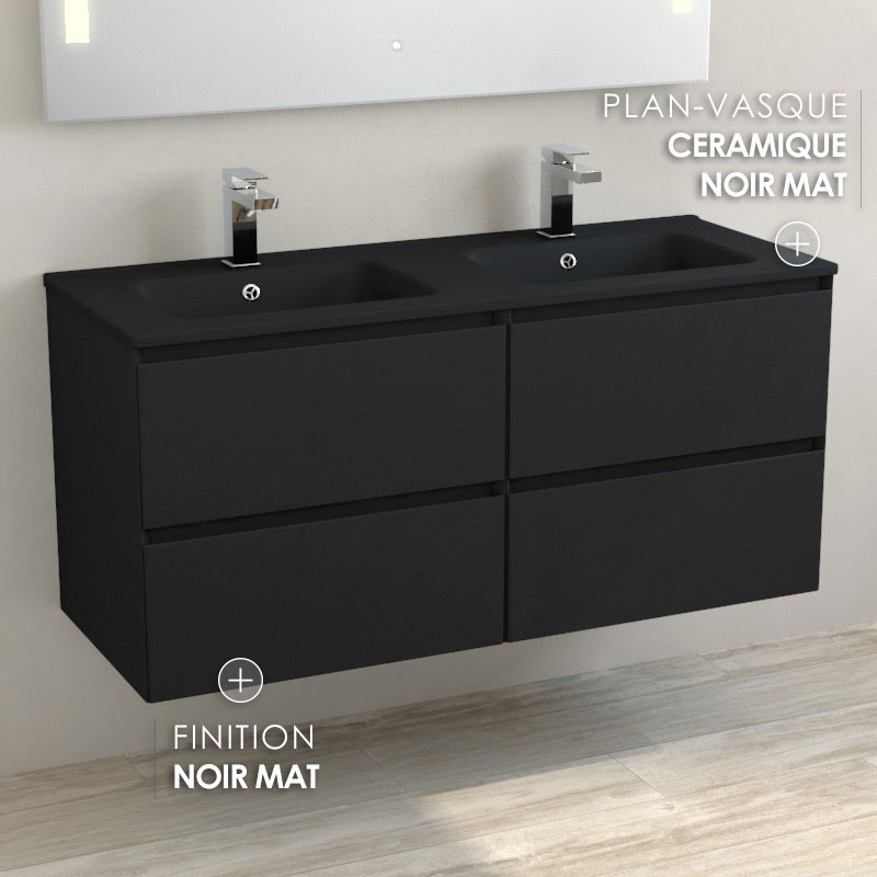 Meuble suspendu double vasque céramique noir mat 120 cm, noir mat, One