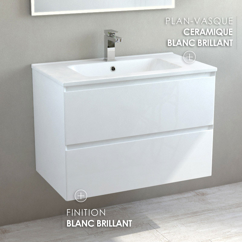 Meuble suspendu 80cm et plan vasque céramique, 2 tiroirs, blanc brillant, One
